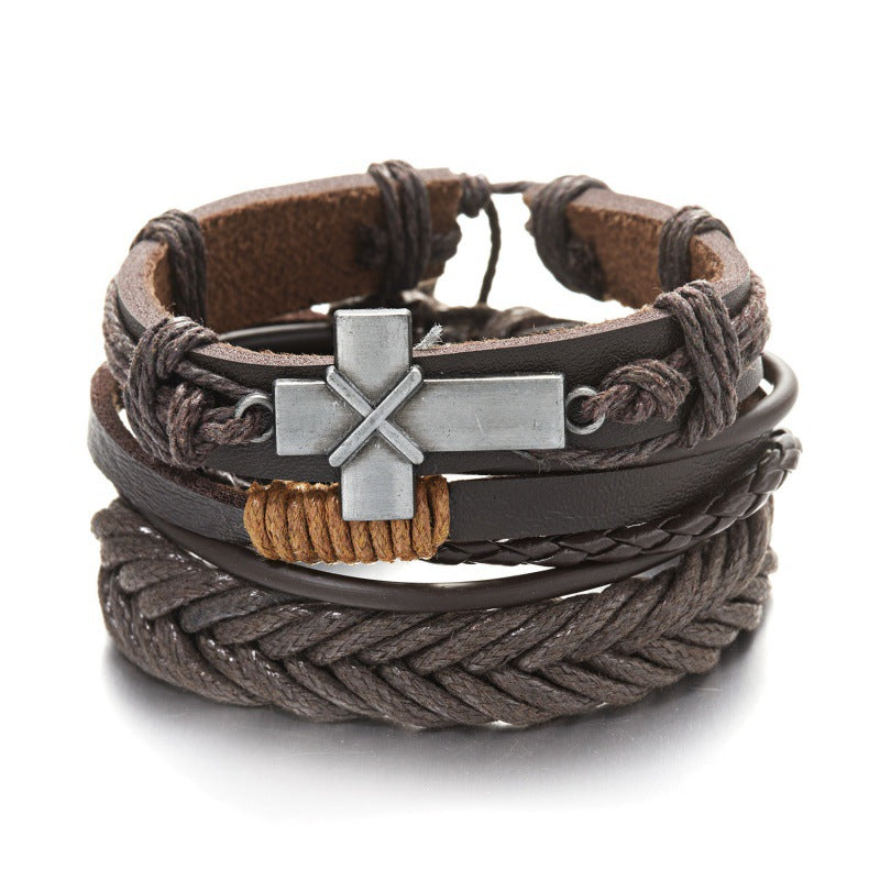 Peads de madera creativos al por mayor pulsera de cuero trenzado de plumas cruzadas